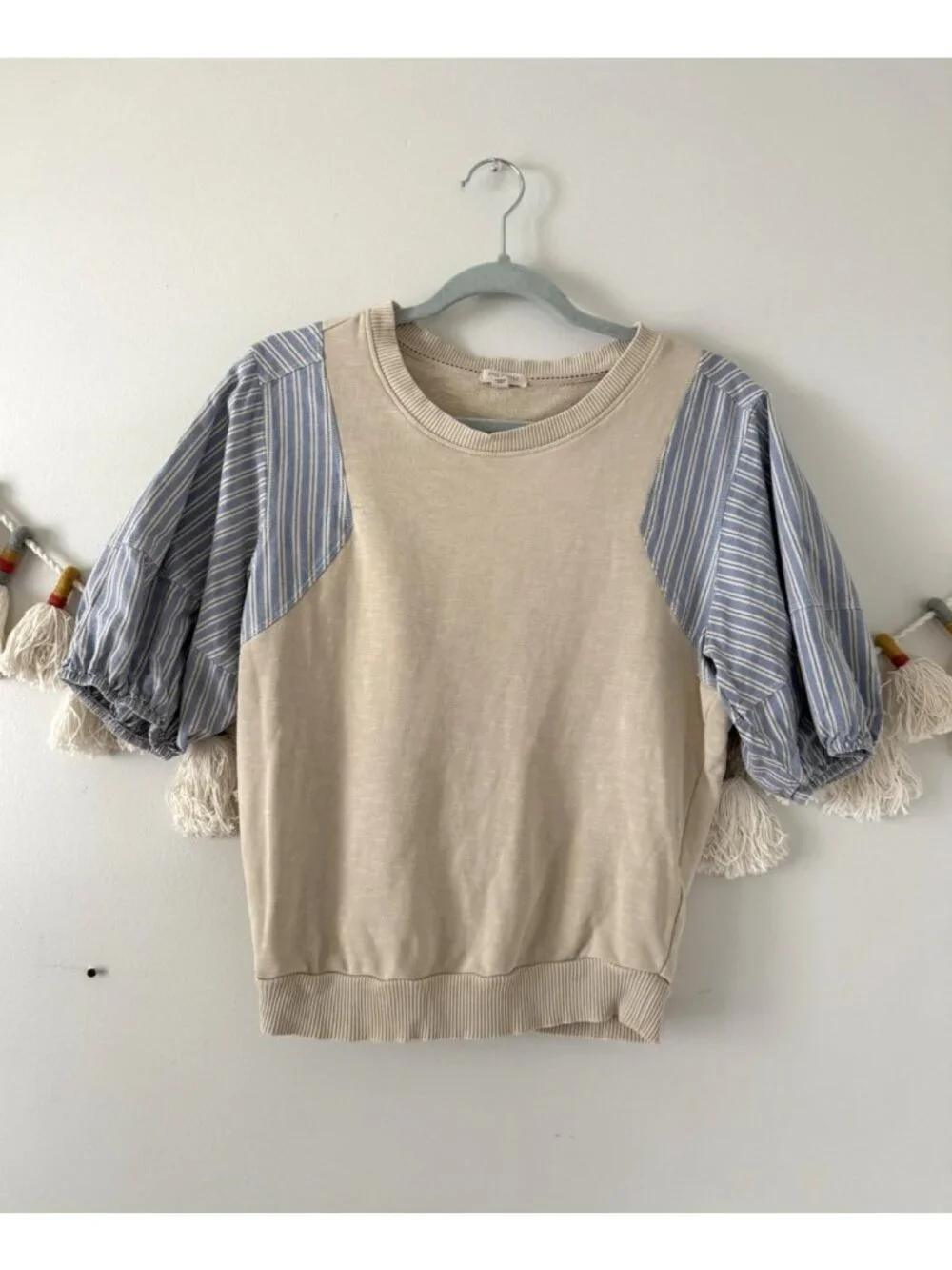 Anthropologie Pilcro Woven Stripe Puff Sleeve Cream Top Basics Coquette Coastal